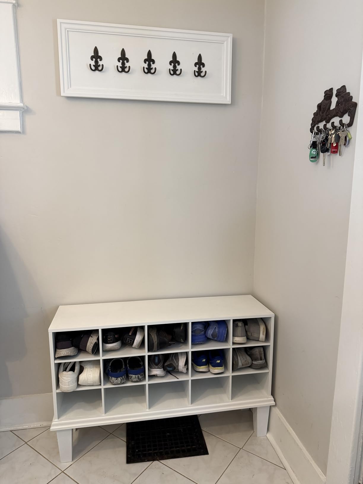 VASAGLE CUSTOS Collection - Shoe Bench, Storage Bench with Padded Seat, Entryway Bench with 10 Compartments, for Bedroom, 11.8 x 40.9 x 18.9 Inches, Cloud White and Dove Gray ULHS010W01 customer photo 2