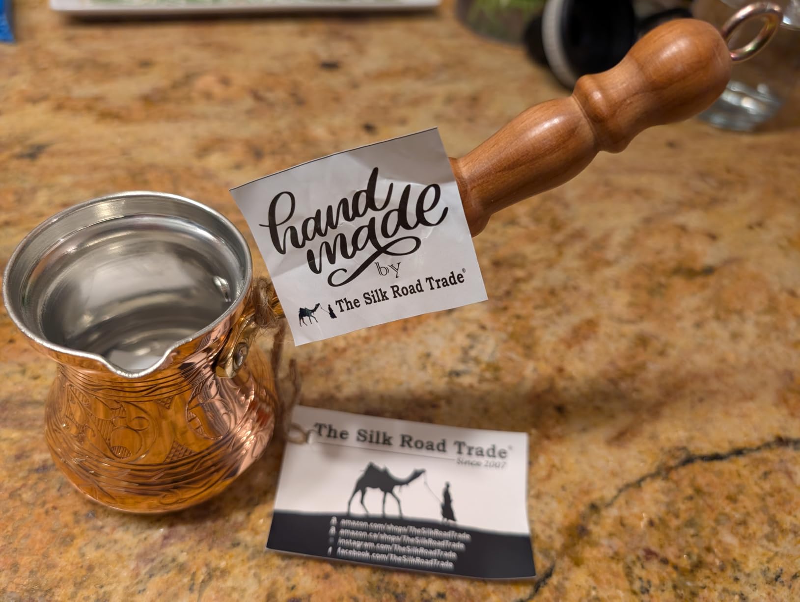 PC Series (Large - 14 fl oz) - Thickest Solid Copper Engraved Turkish Greek Arabic Coffee Pot Wooden Handle Heavy Duty, Stovetop Coffee Maker, Jazzve, Cezve, Ibrik with Hammered Base customer photo 2