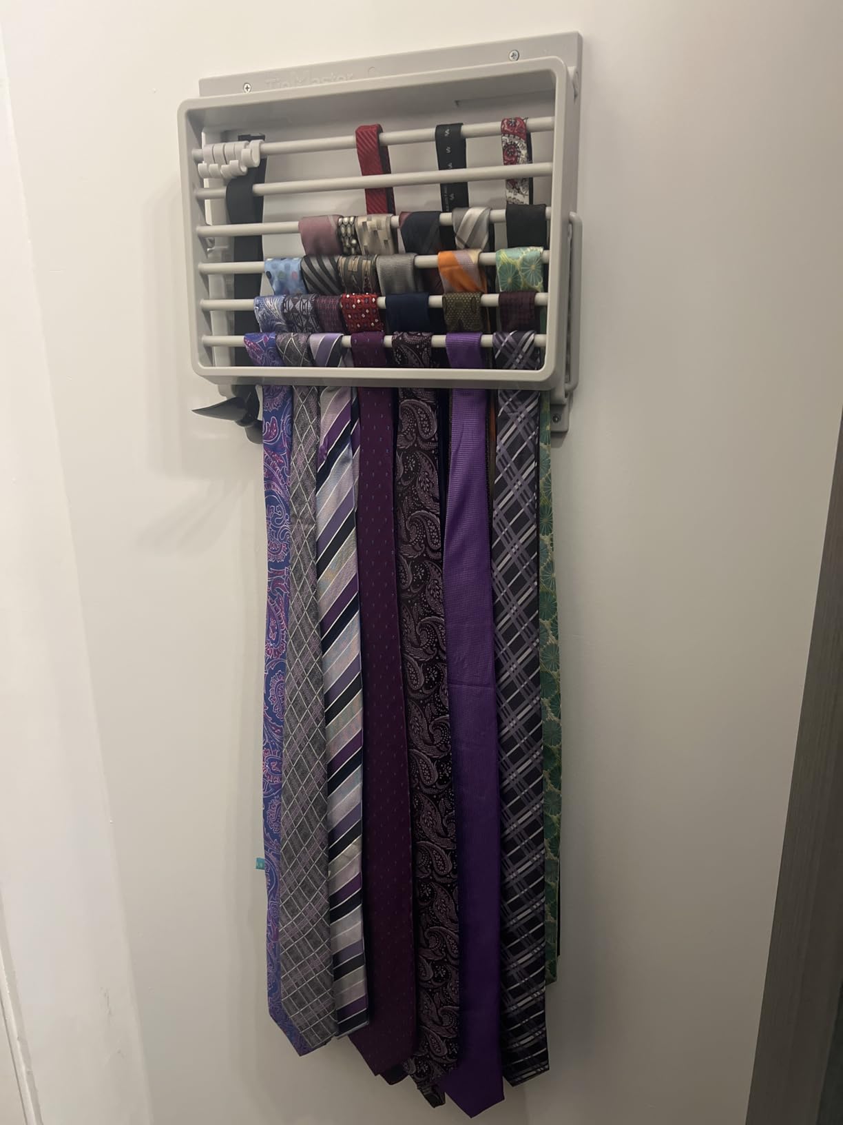 TieMaster Tie Rack and Scarf Organizer, Battery-Free Design, Holds 60 Ties and Scarves with 5 Belt Hooks, Easy Installation, Wall Mounted Tie Organizer, for Men & Women customer photo 1