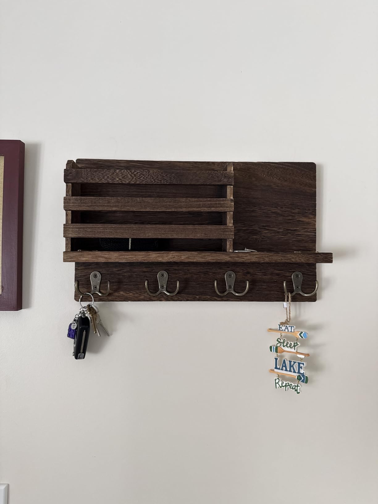 Dahey Wall Mounted Mail Holder Wooden Key Holder Rack Mail Sorter Organizer with 4 Double Key Hooks and A Floating Shelf Farmhouse Rustic Home Decor for Entryway or Mudroom,15.7