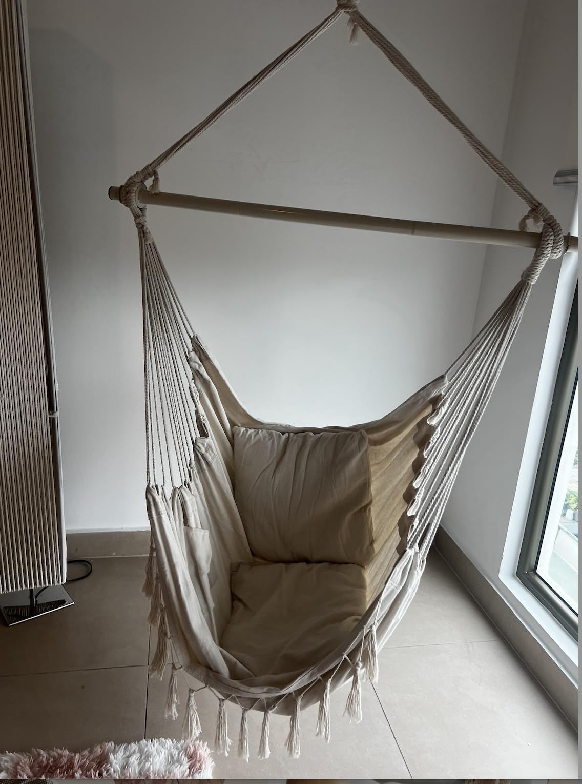 Y- STOP Hammock Chair Hanging Rope Swing, Max 500 Lbs, 2 Cushions Included, Large Macrame Hanging Chair with Pocket for Superior Comfort, with Hardware Kit (Beige) customer photo 2