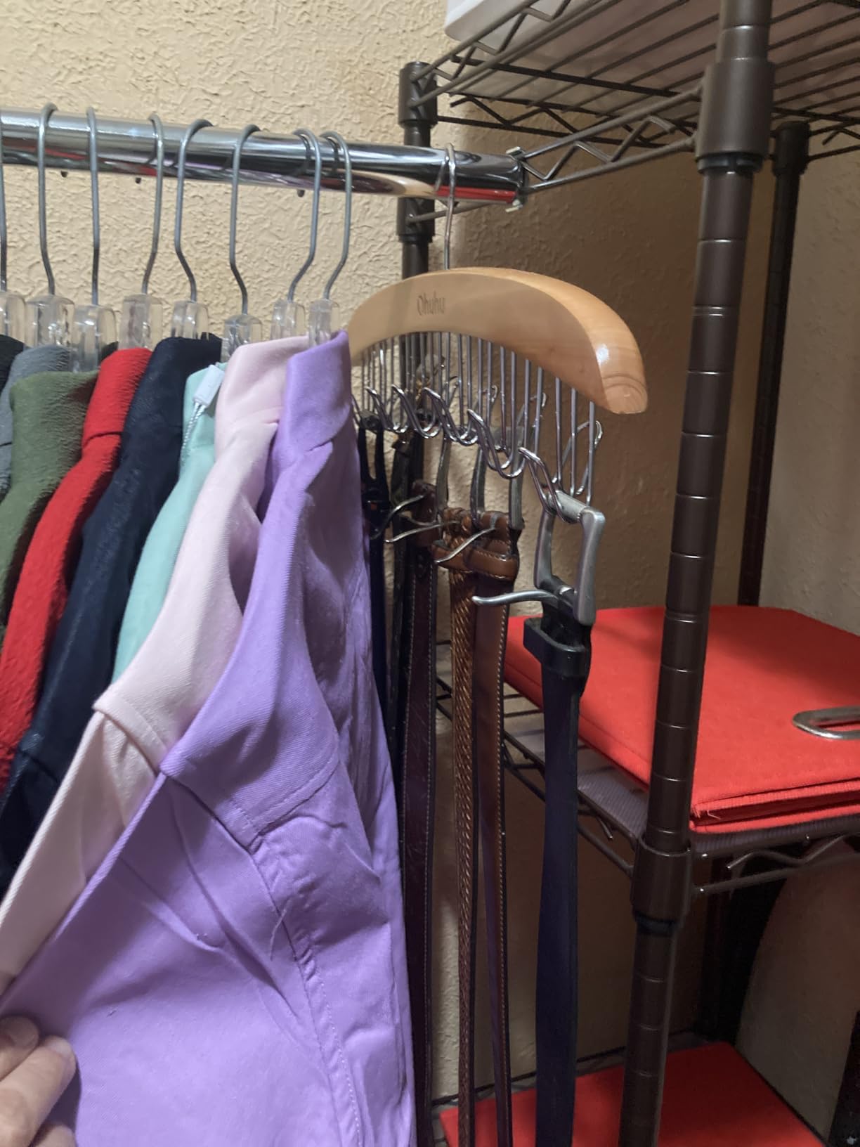 Belt Hanger Organizer for Closet: Ohuhu 2 Pack 12 Hooks Max 36 Belts Tie Rack Wooden Belt Holder for Storage 360 Degree Rotating Space Saver Organizer for Men Women Belt Tie Scarf Accessories-Walnut customer photo 1