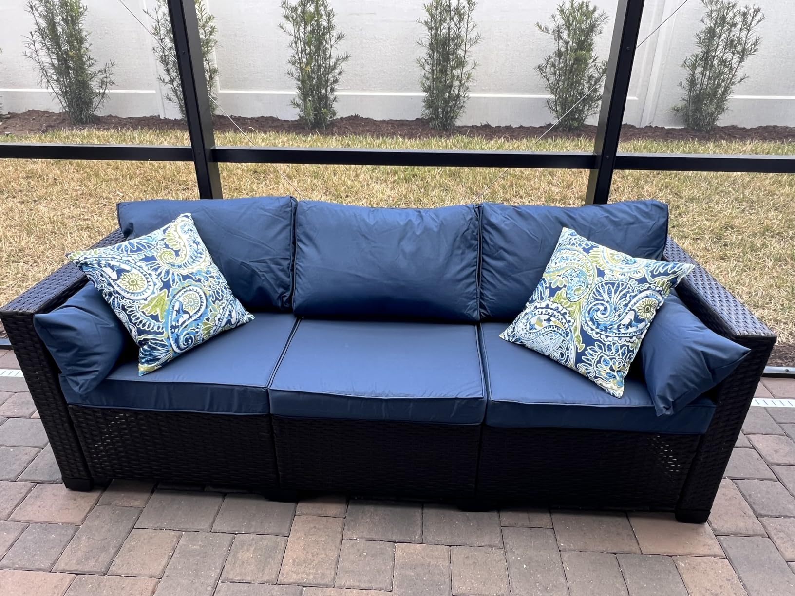 Rattaner 3-Seat Patio Wicker Sofa, Outdoor Rattan Couch Furniture Steel Frame with Furniture Cover and Deep Seat High Back, Blue Anti-Slip Cushion customer photo 1