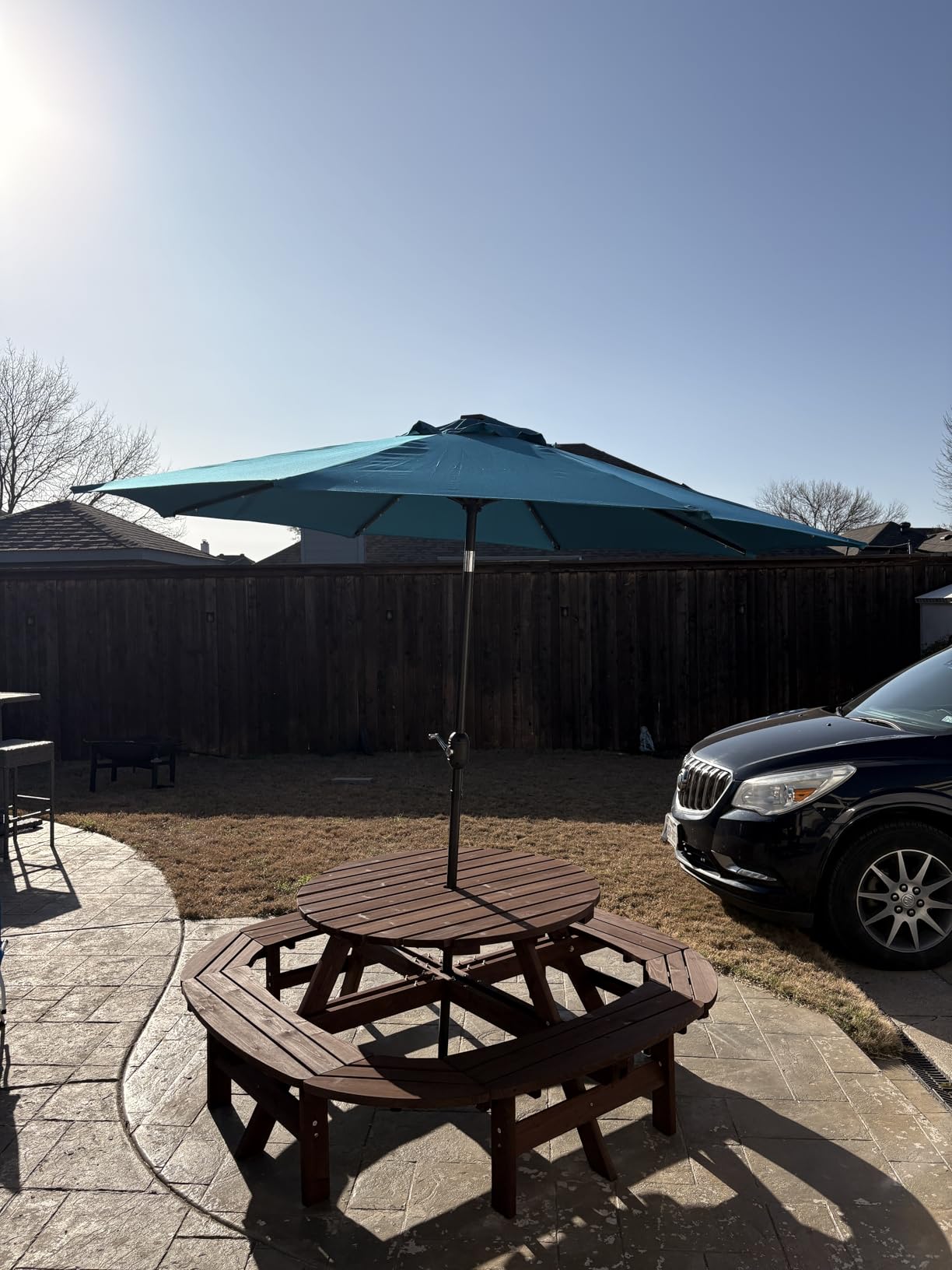 Blissun 9 ft Solar Umbrella 32 LED Lighted Patio Umbrella Table Market Umbrella with Tilt and Crank Outdoor Umbrella for Garden, Deck, Backyard, Pool and Beach (Cerulean) customer photo 2