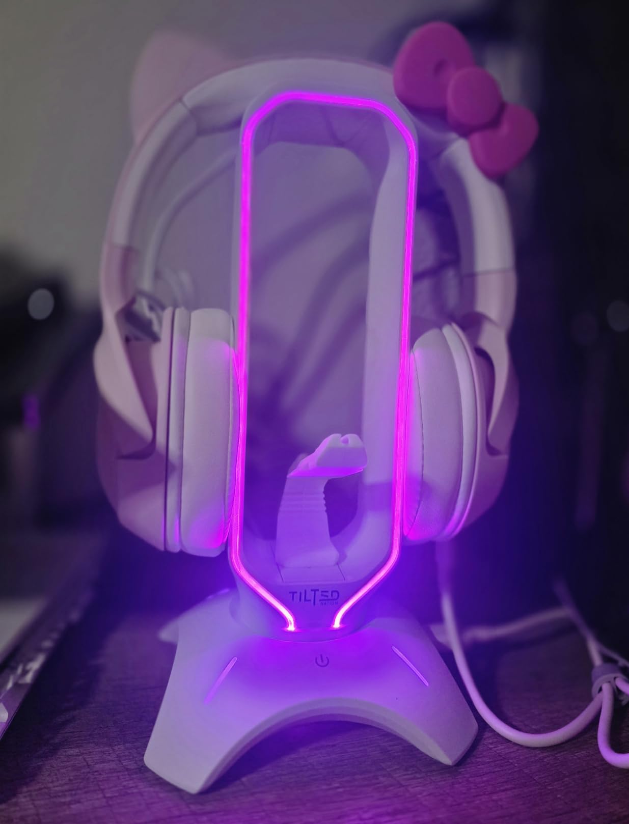 Tilted Nation Gaming Headphone Stand | RGB Headset Stand White | Headset Holder for Desk with Mouse Bungee and USB Hub | The Ultimate Gaming Accessories for Gamers for PS5, Xbox, PC - White customer photo 1
