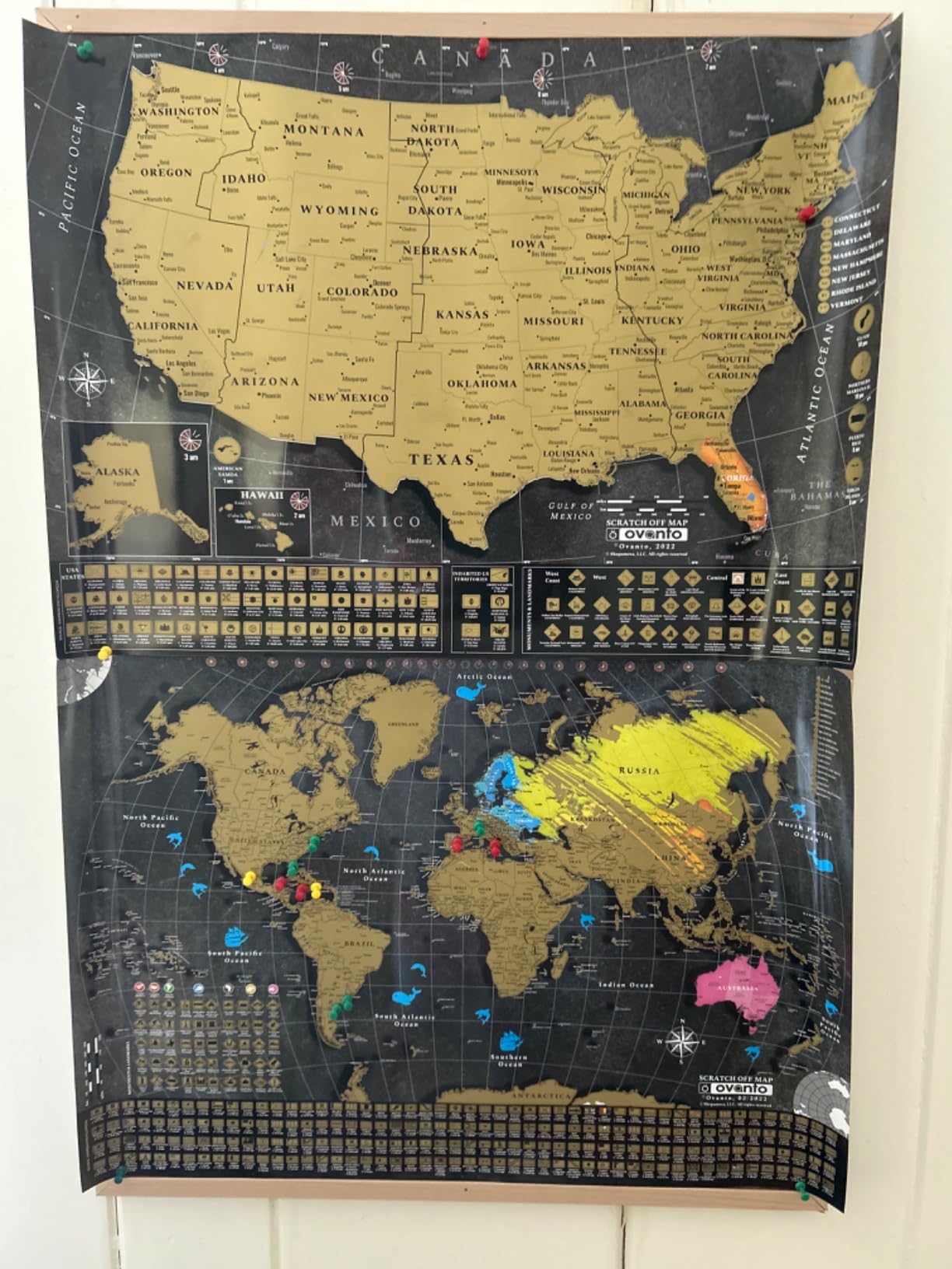OVANTO Scratch Off World Map + USA Map - 17x24