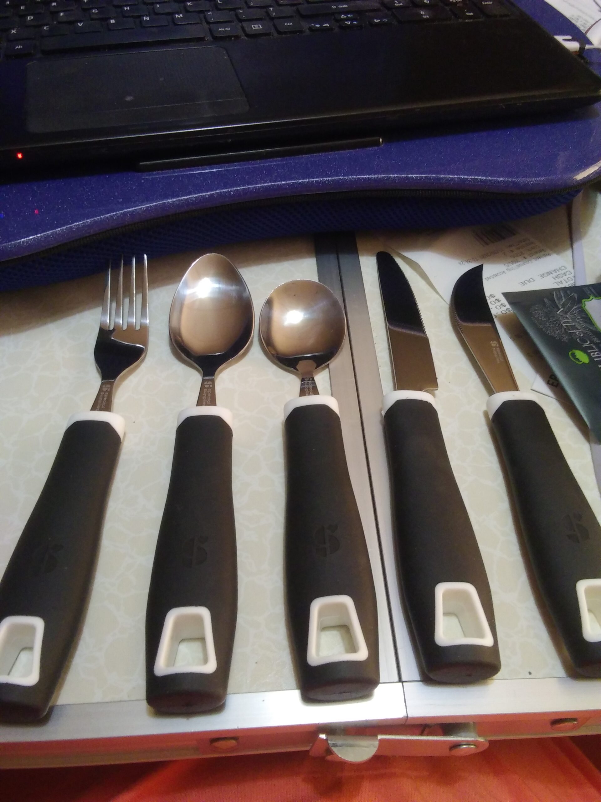 Special Supplies Adaptive Utensils 5-Piece Set Non-Weighted, Non-Slip Handles for Hand Tremors, Arthritis, Parkinsons or Elderly Use - Stainless Steel Knife, Rocker Knife, Fork, Spoons (Black) customer photo 1