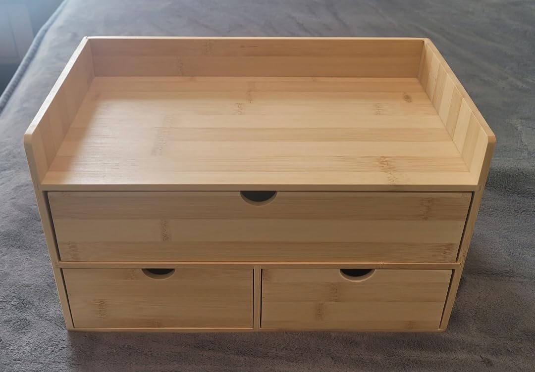 Wisuce Bamboo Desk Drawer Organizer, Desktop Organizer with Drawers Tabletop Storage Organization Box for Office Home Toiletries Supplies Vanity, No Assembly Required(1 with shelf-3 Drawers) customer photo 1