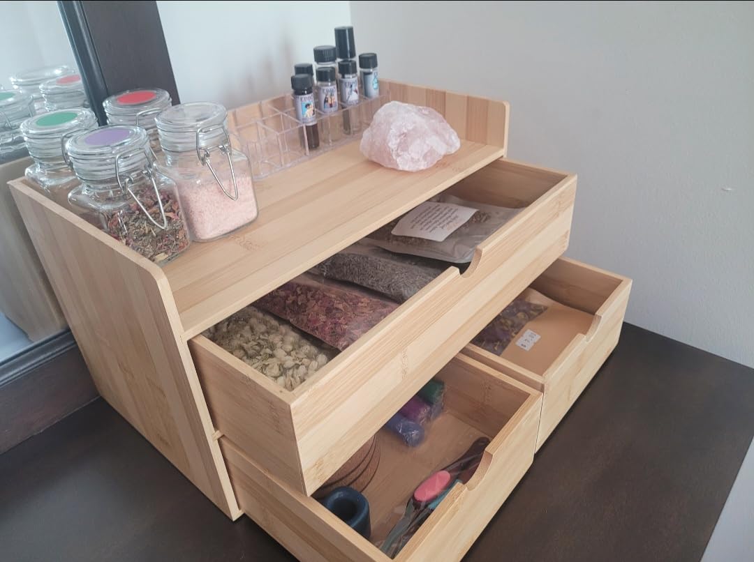 Wisuce Bamboo Desk Drawer Organizer, Desktop Organizer with Drawers Tabletop Storage Organization Box for Office Home Toiletries Supplies Vanity, No Assembly Required(1 with shelf-3 Drawers) customer photo 2