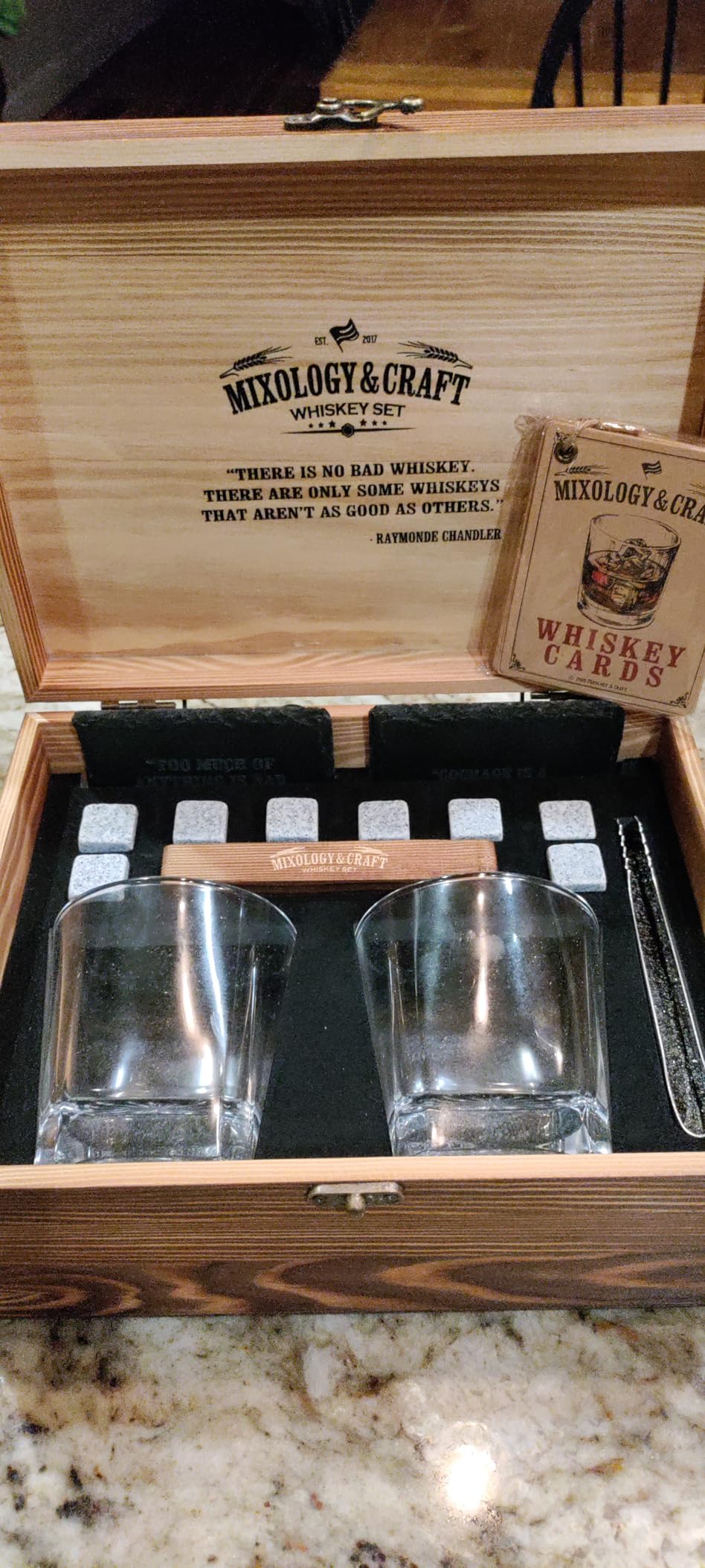 Mixology & Craft Whiskey Stones Gift Set: with Two 10oz Lead-Free Crystal Whiskey Glasses, 8 Whiskey Stones with Velvet Bag, 2 Slate Coasters & Recipe Cards in Wooden Crate | Great customer photo 1