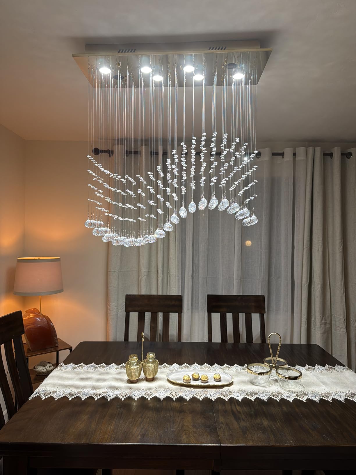 Siljoy Modern Crystal Chandeliers, 12-Light Rectangular K9 Crystal Wave Raindrop Chandelier, Dimmable Rectangle Flush Mount Crystal Ceiling Light for Dining Room Kitchen Island L47 Inch customer photo 2