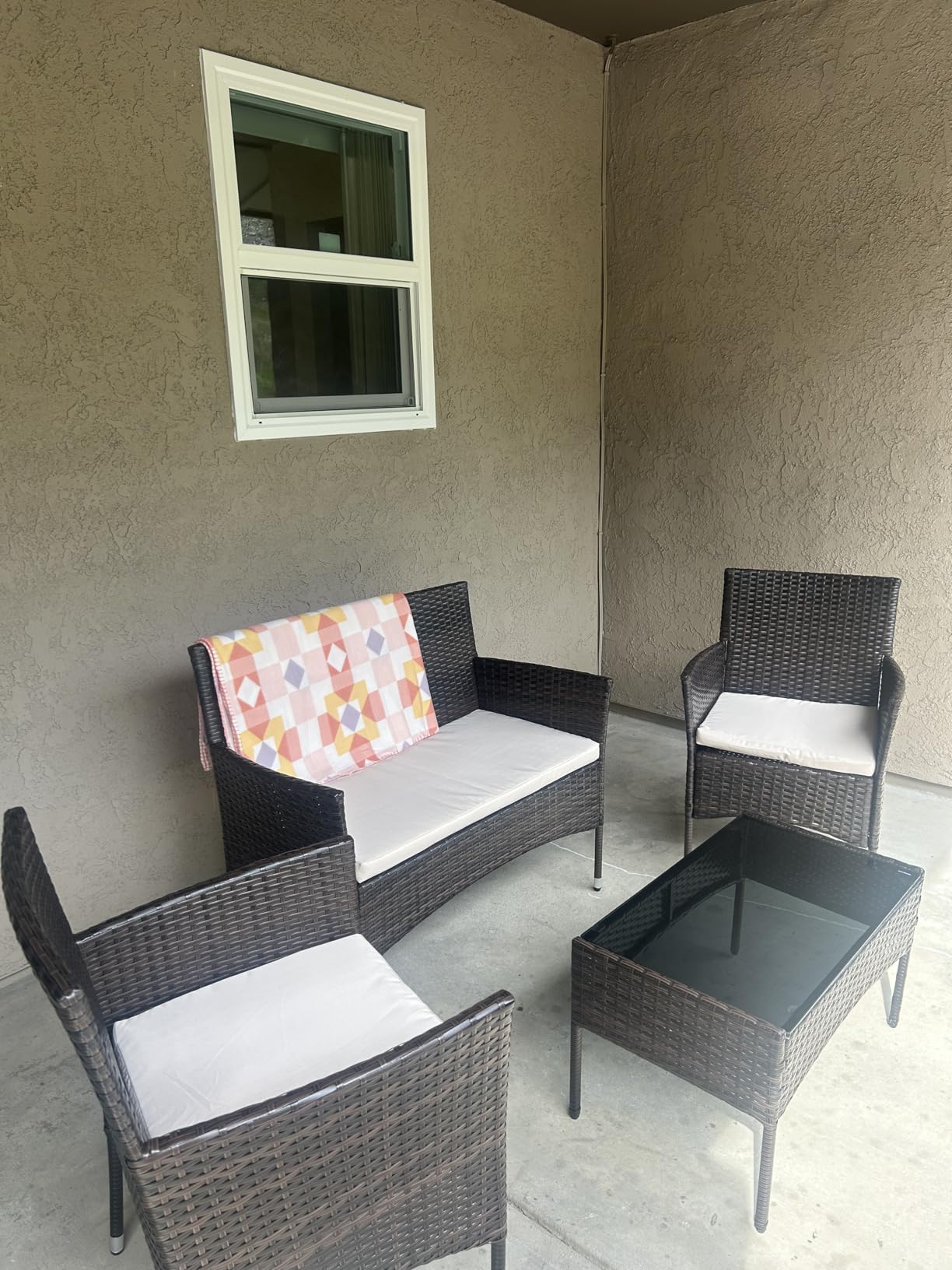 Greesum Patio Furniture 4 Pieces Conversation Sets Outdoor Wicker Rattan Chairs Garden Backyard Balcony Porch Poolside loveseat with Soft Cushion and Glass Table, Brown and Beige customer photo 1