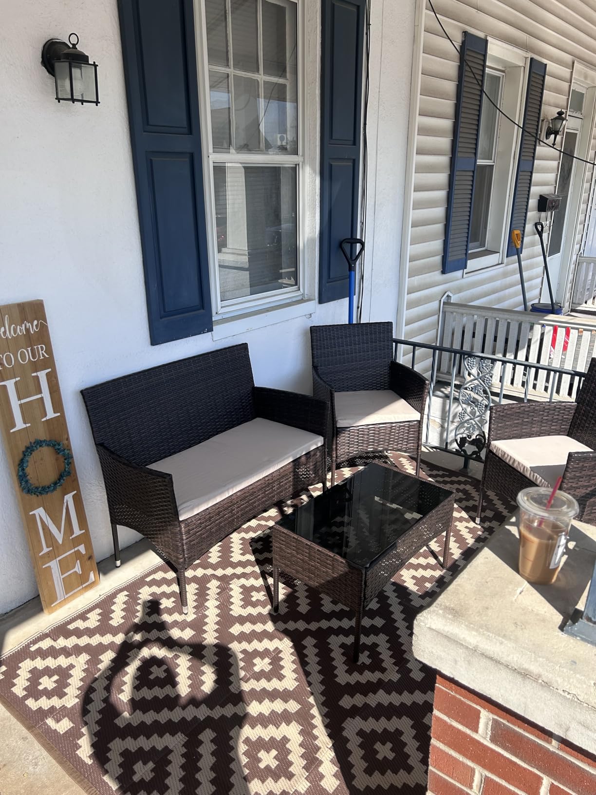 Greesum Patio Furniture 4 Pieces Conversation Sets Outdoor Wicker Rattan Chairs Garden Backyard Balcony Porch Poolside loveseat with Soft Cushion and Glass Table, Brown and Beige customer photo 2