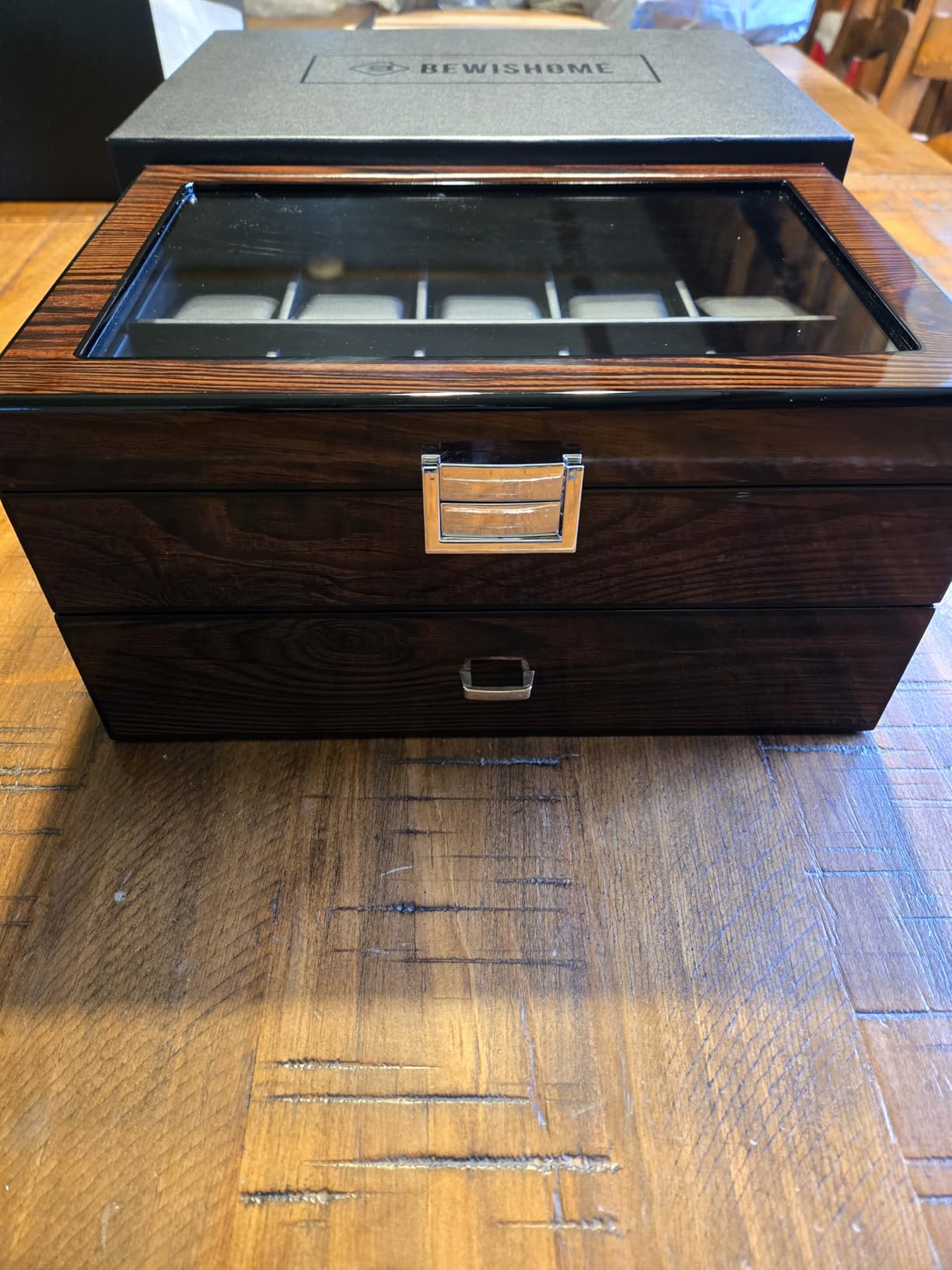 BEWISHOME High-End Watch Box, 20-Slot Watch Case with Large Glass Lid, Wooden Watch Cases for Men, Watch Storage, Watch Organizer, Synthetic Leather Interior, Brown SSH04Y customer photo 2