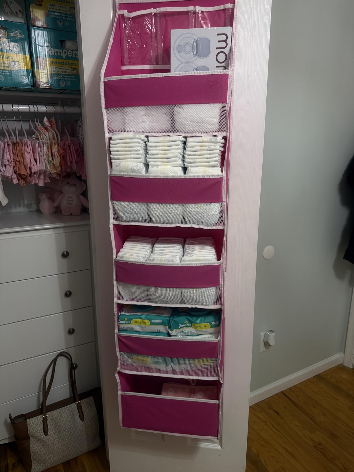 Univivi 6-Shelf Over Door Hanging Organizer Fabric Baby Door Storage with 5 Extra Large Capacity Pockets Behind the Door Hanging Storage Organizers Easy Install Door Storage for Baby Essential (Beige) customer photo 2
