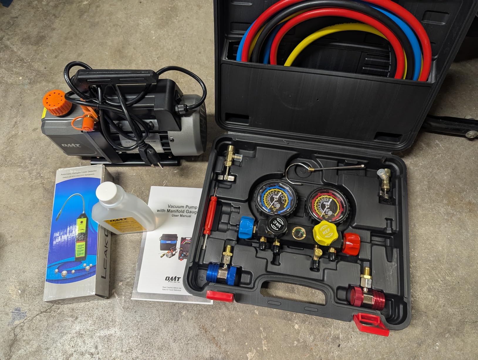 Orion Motor Tech AC Vacuum Pump and Gauge Set, 1/3 hp 4 cfm Vacuum Pump Manifold Gauge Kit with Leak Detector 3 Hoses & Accessories for R134a R12 R22 R502, A/C Vacuum Pump Kit for Auto HVAC Systems customer photo 1