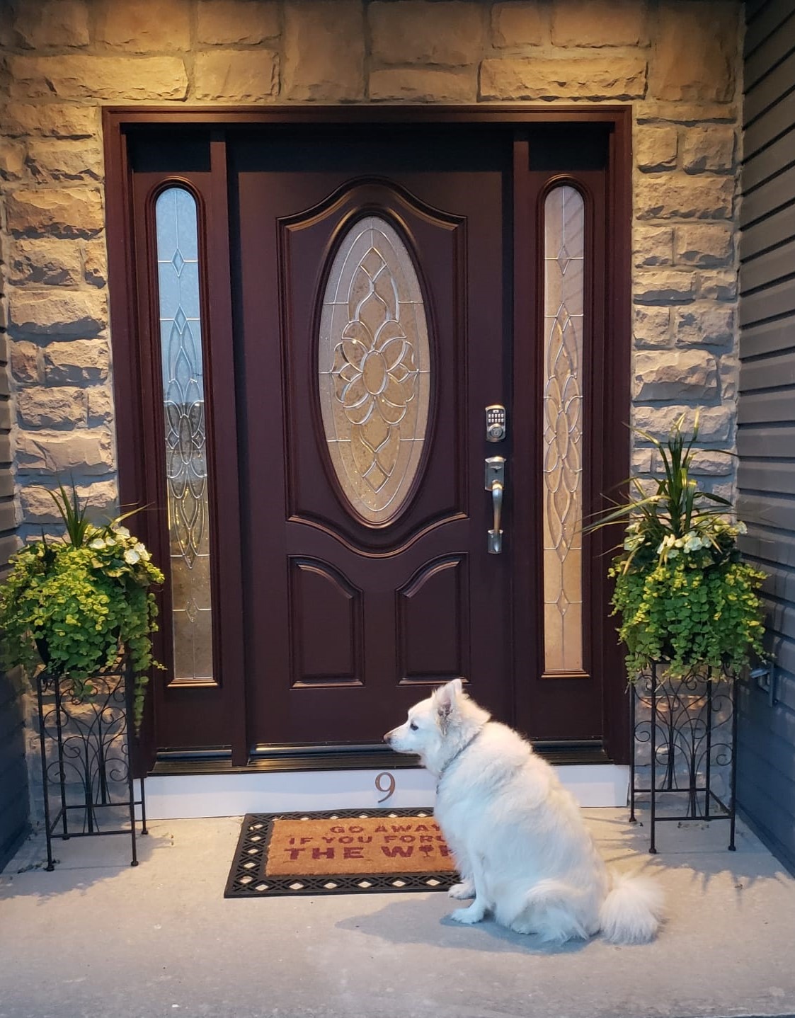 Fiberglass Entry Door with Glass Beautiful Flower Glass Stained Dark Mahogany FM800G customer photo 2