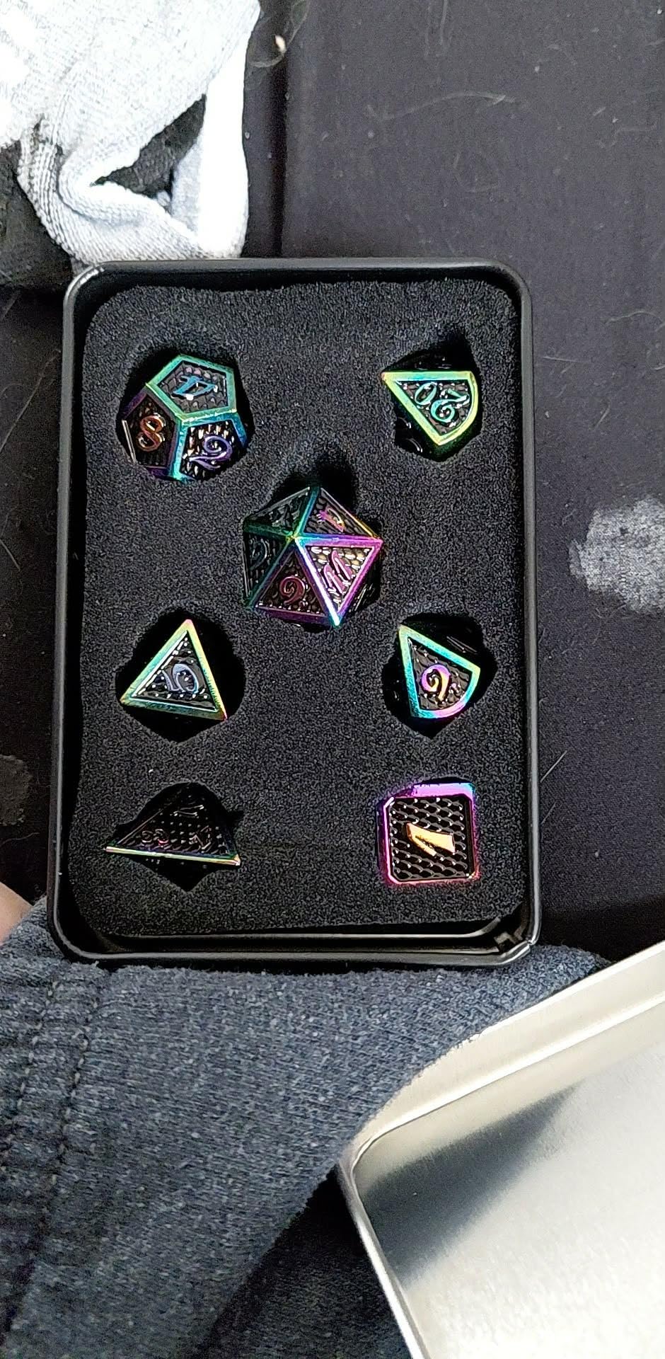 HEIMDALLR Metal DND Dice Set 7 pcs - Dragonhide Design, 16mm Size, Logo on D20; Metal Dice Set & Dice Box; D&D Dice Set D&D (Dungeons and Dragons Dice Set) - Jormungandr Series (Stonetail) customer photo 1