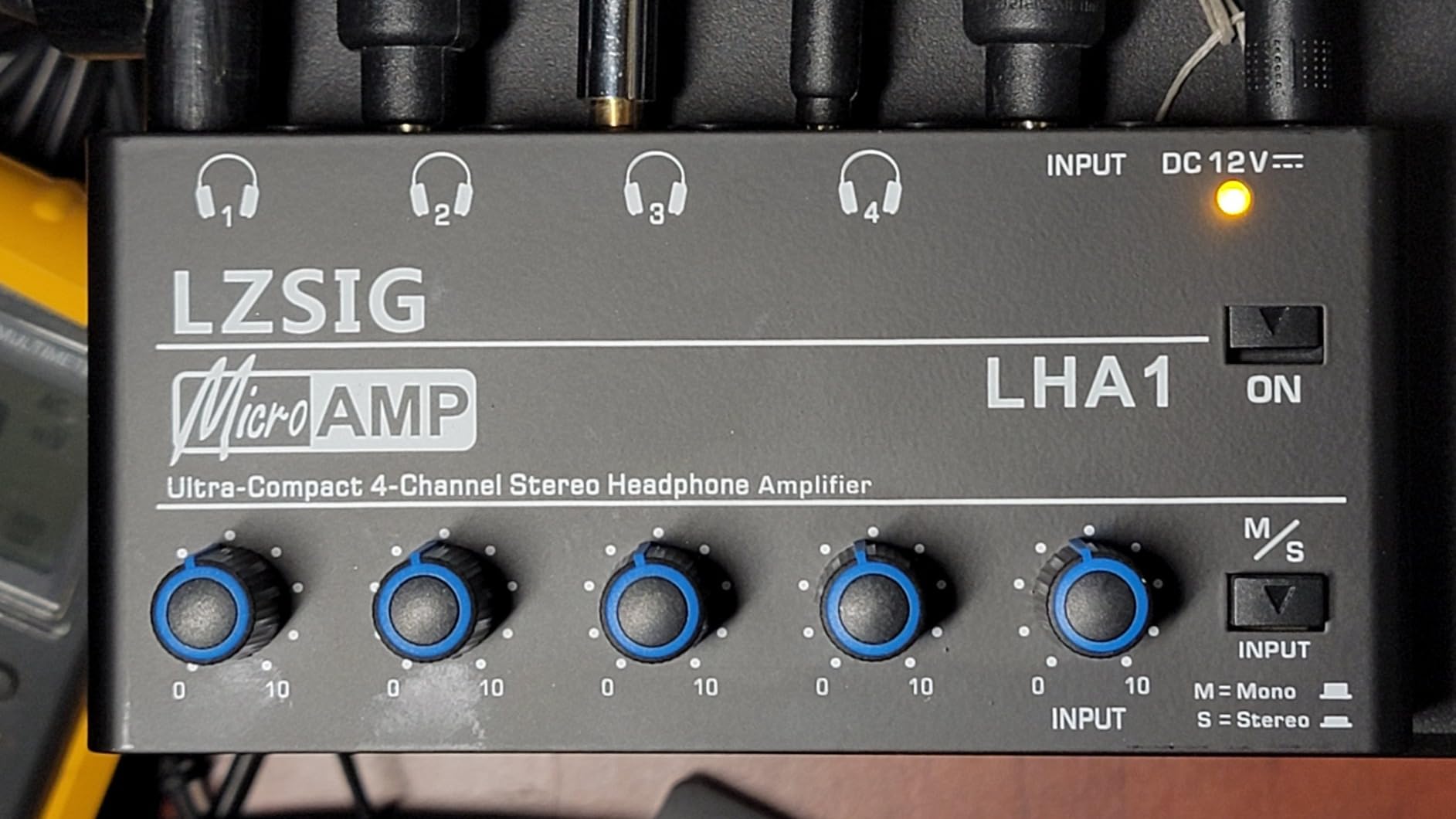 LZSIG Headphone Amplifier 4 Channel, Metal Stereo Audio Amplifier with Bass Boost, Mini Earphone Splitter with Power Adapter, 1/4 & 1/8 TRS Headphones Output & TRS Audio Input, DC 12V customer photo 1