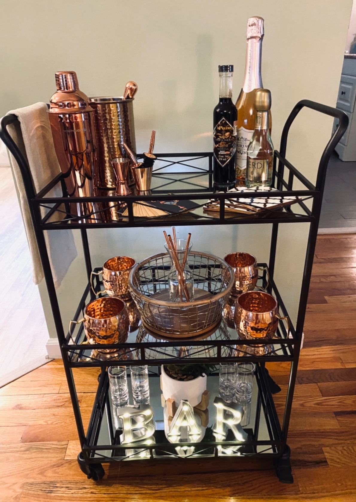 Kate and Laurel Ketia Glam Metal Bar Cart; 23 x 13 x 34; Gold; Glamorous Three Tier Gold Bar Cart for Display and Storage customer photo 2