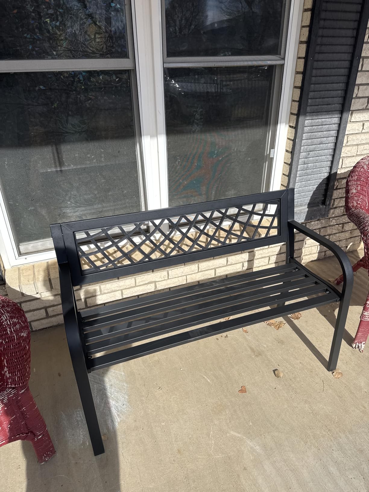 Garden Bench,Outdoor Benches,Iron Steel Frame Patio Bench with Mesh Pattern and Plastic Backrest Armrests for Lawn Yard Porch Work Entryway,Black customer photo 1