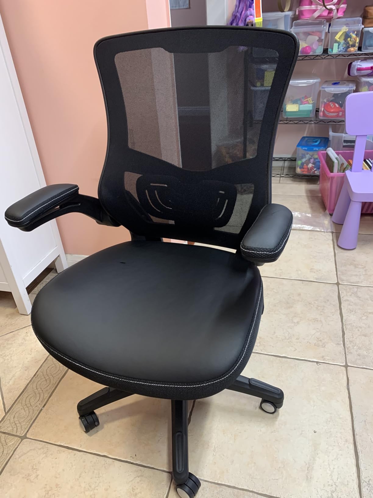 Office Chair Ergonomic Desk Chair, Computer PU Leather Home Office Chair, Swivel Mesh Back Adjustable Lumbar Support Flip-up Arms Executive Task Chair customer photo 1