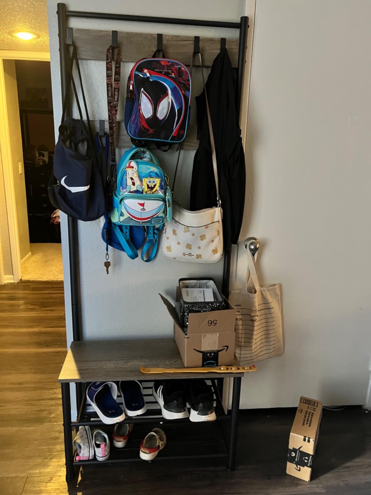 Yaheetech Coat Rack, Hall Tree with Shoe Bench, Entryway Shoe Storage with Coat Rack Stand, 9 Movable Hooks, Industrial Entryway Furniture, Gray customer photo 1