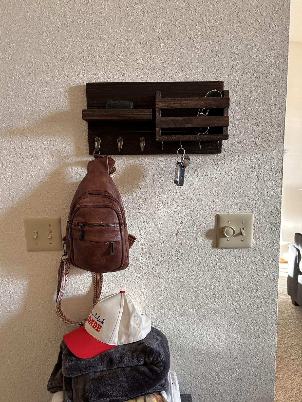 Mail Organizer for Wall Mount - Key Holder with Shelf Includes Letter Holder and Hooks for Coats, Dog Leashes - Rustic Wood with Flush Mounting Hardware (16.5