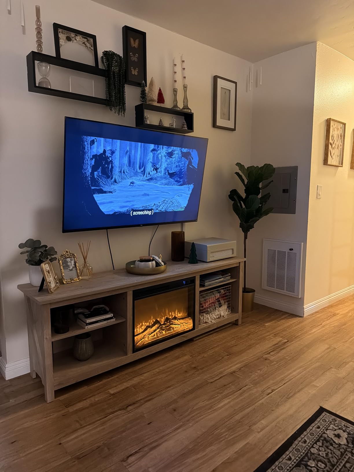 AMERLIFE Fireplace TV Stand, Wood Texture Entertainment Center with 23'' Electric Fireplace, Farmhouse Entertainment Stand Media TV Console for TVs Up to 80'', 70 inches, Black customer photo 2