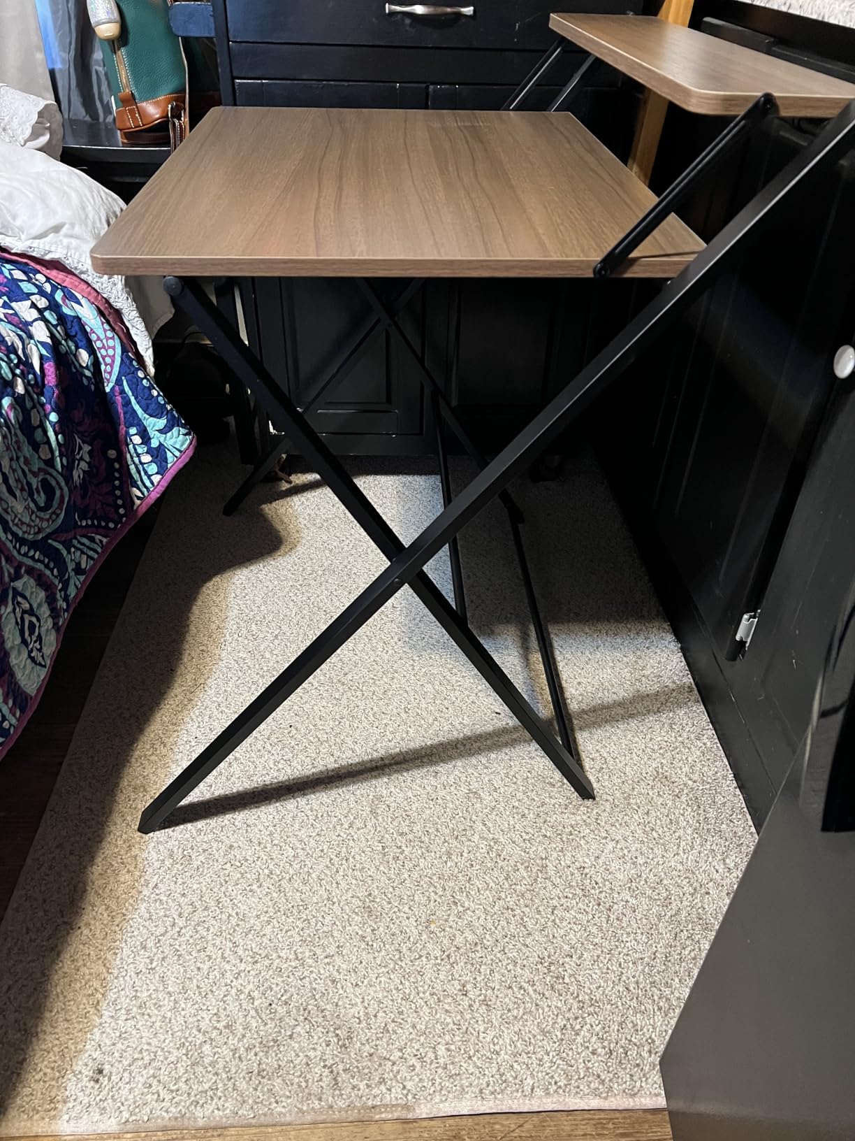 GreenForest Portable Small Desk No Assembly, 2-Tier Compact Computer Desk with Shelf, Space Saving Foldable Table for Home Office, Bedroom or Apartment, Portable Collapsible Sturdy Laptop Desk, Oak customer photo 2