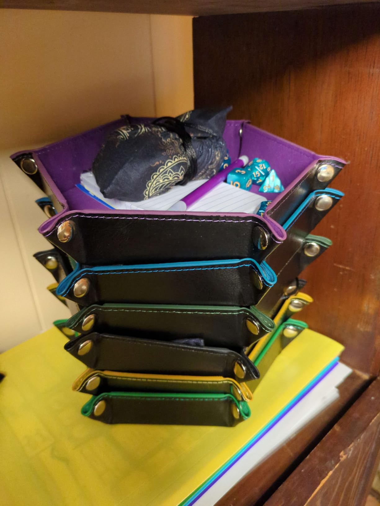 SIQUK 2 Pieces Dice Tray PU Leather Dice Trays Portable Folding Hexagon Dice Roller Tray for Dice Games Like RPG, DND and Other Table Games (Dark Green, Violet) customer photo 1