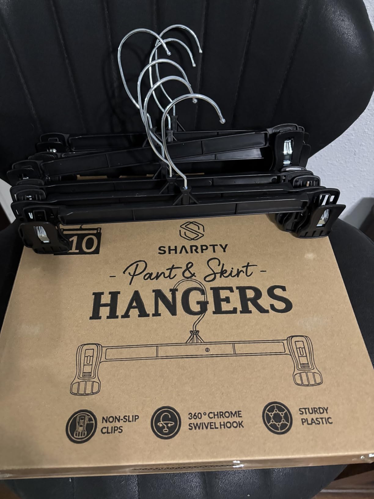 Sharpty Pant & Skirt Hangers - Closet Hangers for Shorts, Shirts, Jeans, Dresses, Slacks, Coats, Clothes, Clothing, Garments & More - Durable, Space Saving & Non-Slip, Black - 10 Pack customer photo 1