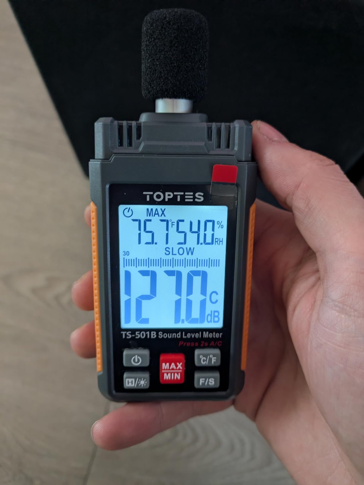 Decibel Meter, TopTes TS-501B Sound Level Meter with 2.25 Backlit LCD Screen, Portable SPL Tester with A/C Weighted, Range 30-130dB, MAX/MIN, Data Hold, Use for Home, Noisy Neighbor, Factory - Orange customer photo 1
