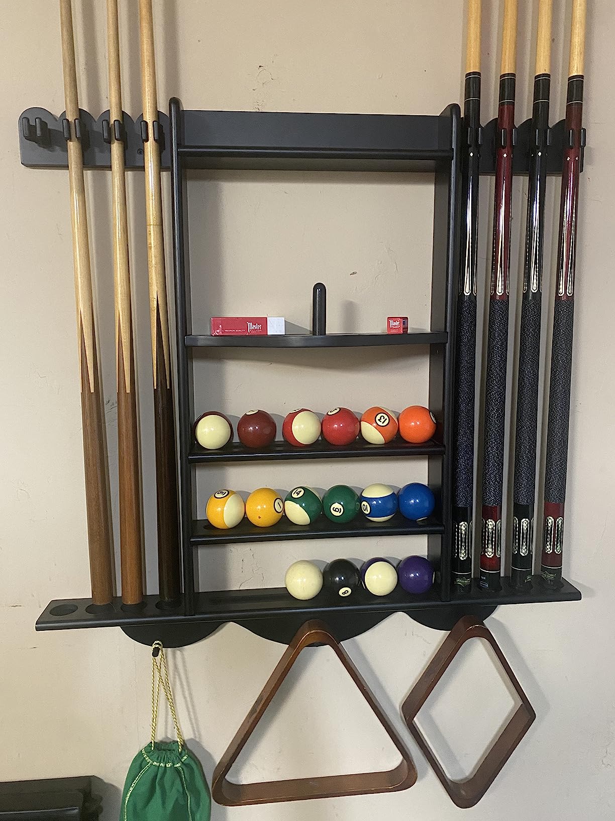 Billiards Pool Cue Rack, Pool Stick Holder Wall Mount Holds 6 Cues and Pool Table Chalk Equipment Accessories, Oak Solid Wooden customer photo 2