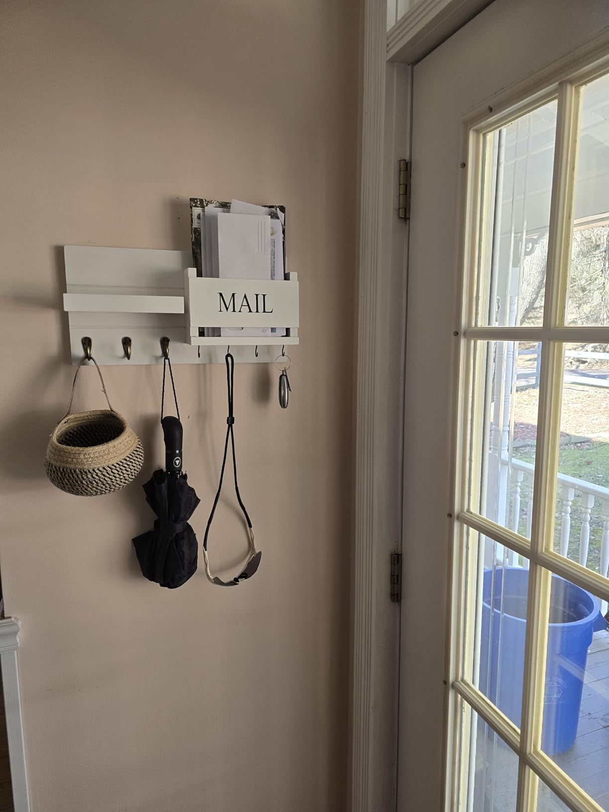Mail Organizer for Wall Mount - Key Holder with Shelf Includes Letter Holder and Hooks for Hallway Farmhouse Decor - Rustic Wood with Flush Mounting Hardware (16.5