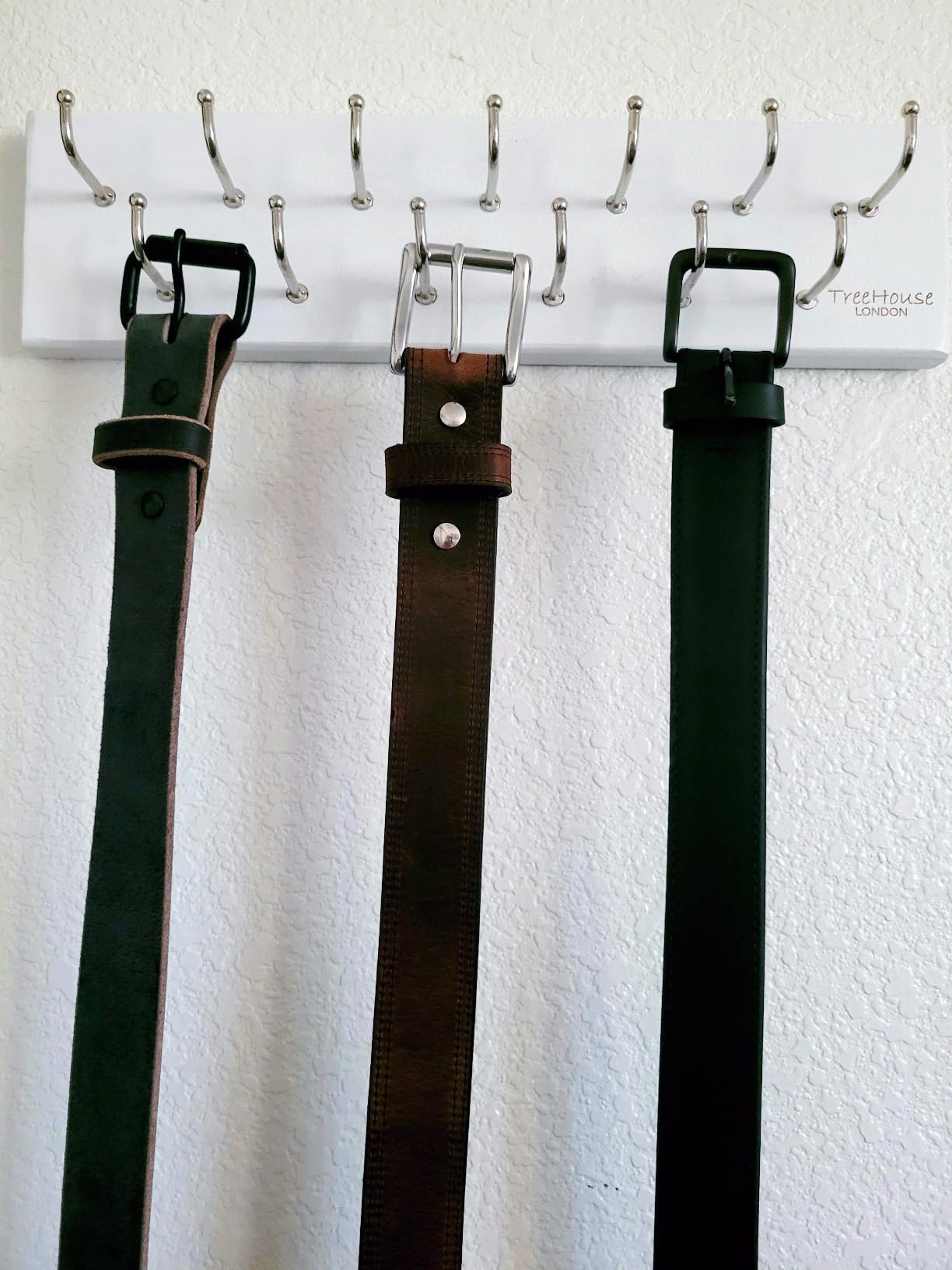 Treehouse Belt Organizer Rack, Holds Over 28 Large Belts, Sturdy Metal & Sturdy Wood Storage Holder for Closet, Versatile, Wall Mounted Belt & Tie Display Hanger for Bedroom - (Walnut) 4.25''Hx16''L customer photo 2