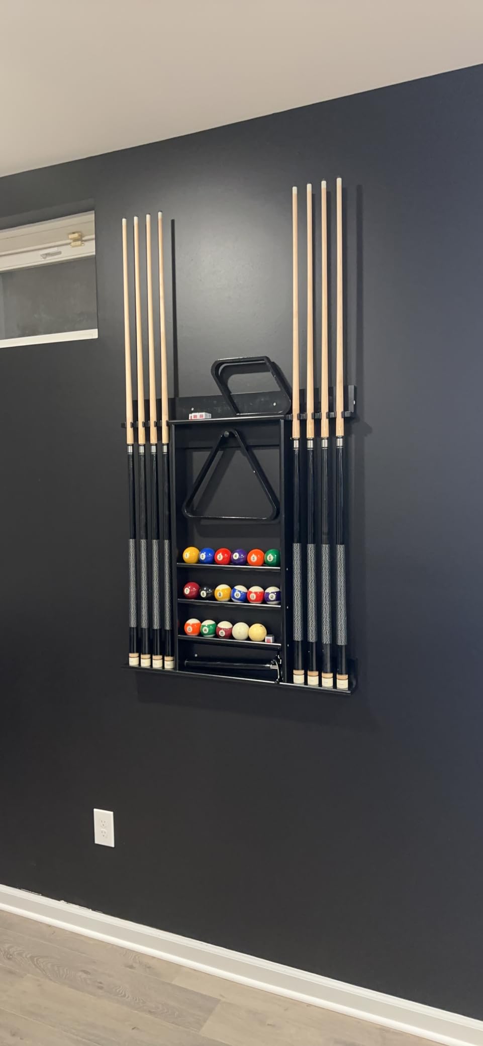 Goplus Pool Cue Rack, Wall Mounted Billiard Stick Holder, Made of Solid Pine Wood, Holds 8 Cues & Full Ball Set & 1 Ball Rack customer photo 1