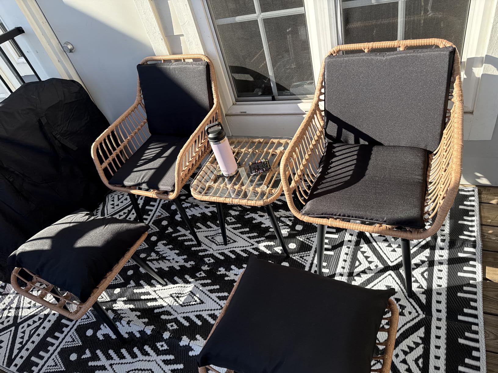 3 Piece Wicker Patio Bistro Furniture Set, Includes 2 Rattan Chairs and Glass Top Table, Ideal for Porch, Outdoor, Backyard, Apartment, Balcony, Natural customer photo 1