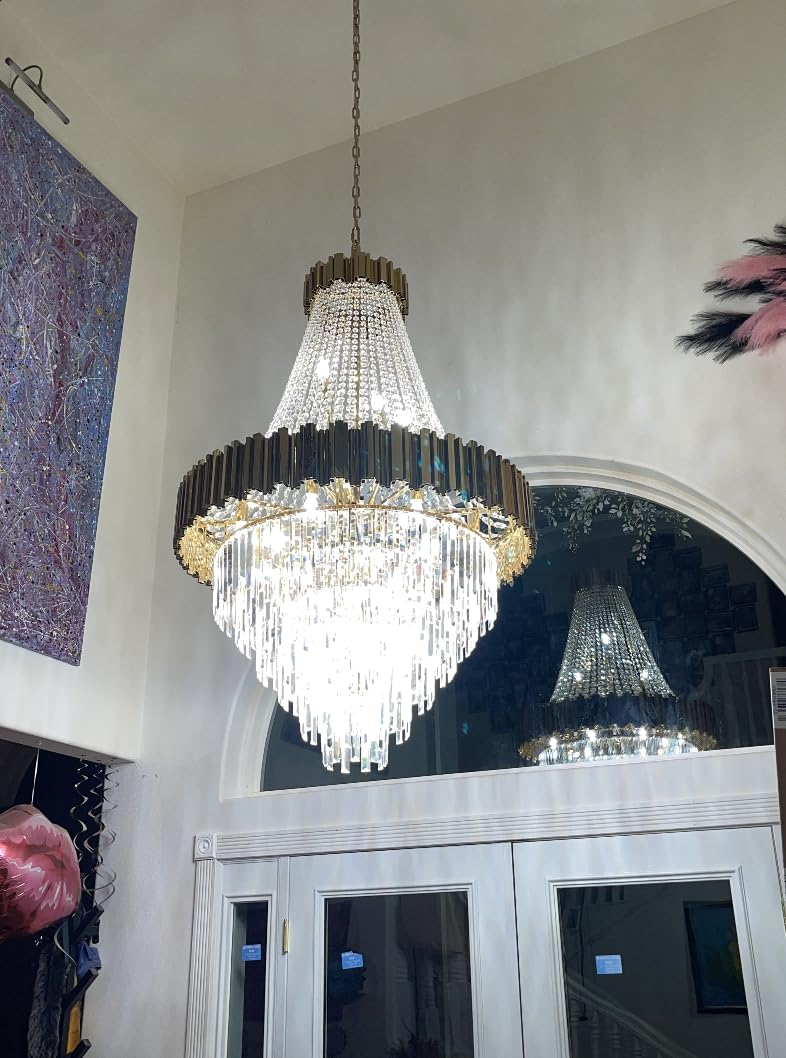 Crystal Chandeliers Modern Chandelier High Ceiling Foyer Entryway 21 Lights Gold Luxury Pendant Hanging Light Fixture for Living Room Entry Way Extra Large Vertical Tiered 36'' D x 54'' H customer photo 1