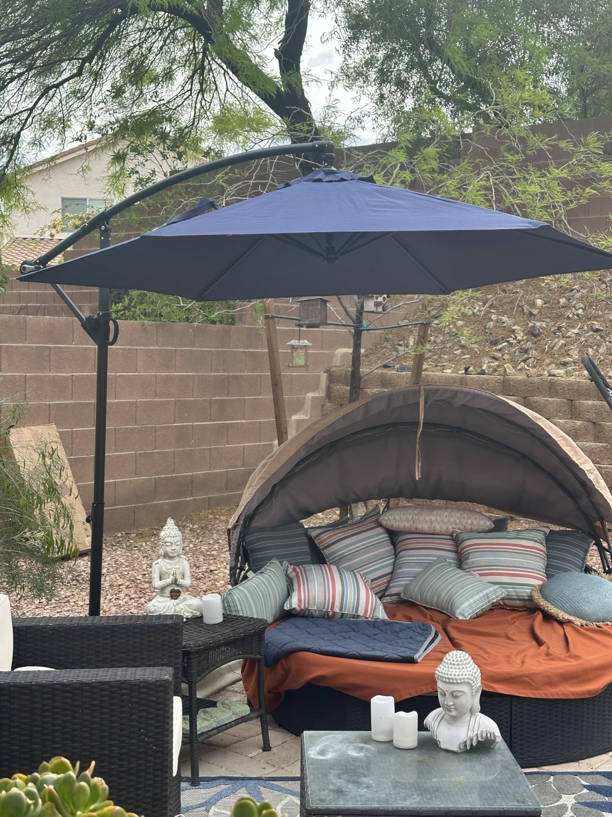 Shintenchi Offset Patio Umbrella with Easy Tilt Adjustment, Crank and Cross Base, Outdoor Cantilever Hanging Umbrella, Sunshade Free Standing Canopy, Dark Gray customer photo 2