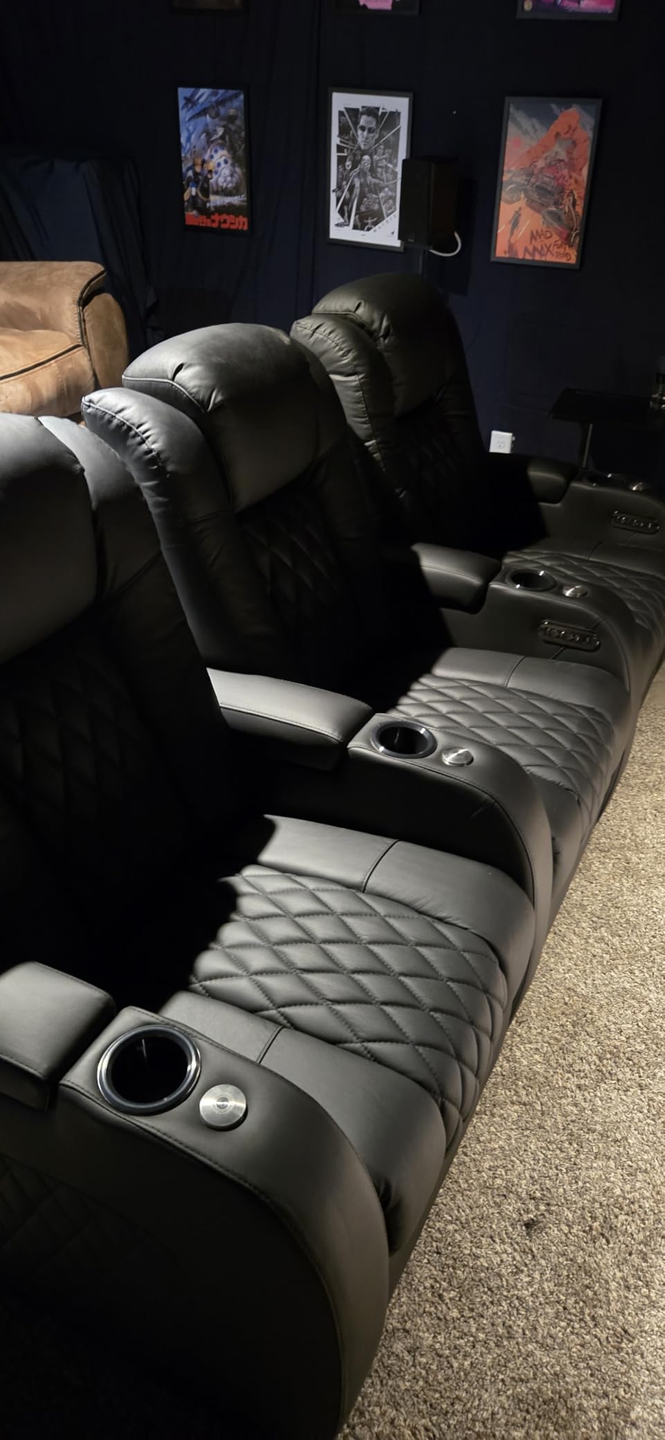 Weilianda Home Theater Seating, Top Grain Leather Movie Theater Chair | Black Row of 4 Loveseat Middle, Zero Gravity, Power Headrest, Tray Table, Electric Reclining Seat for Media Room customer photo 2