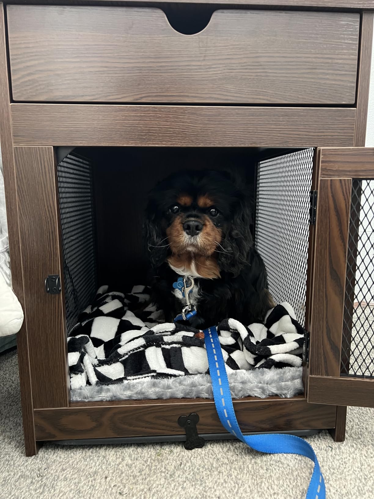 Piskyet Dog Crate Furniture, Wooden Dog Crate End Table with Storage Drawer&Cushion&Tray, QC3.0 Wireless Charging, Dual USB, Small Dogs Rustic Style customer photo 2