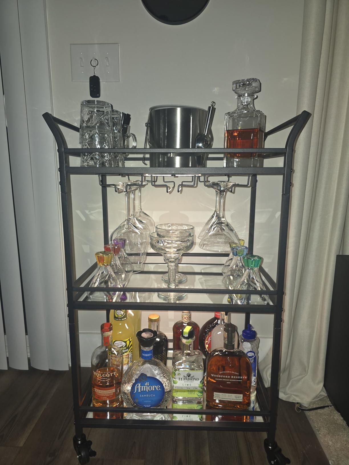 VASAGLE Bar Cart, Home Bar Serving Cart, Small Bar Serving Cart with 3-Tier Shelf, Wine Holders, Glass Holders, Mini Bar Cart for Small Spaces, Kitchen, Dining Room, Living Room, Pale Gold customer photo 1