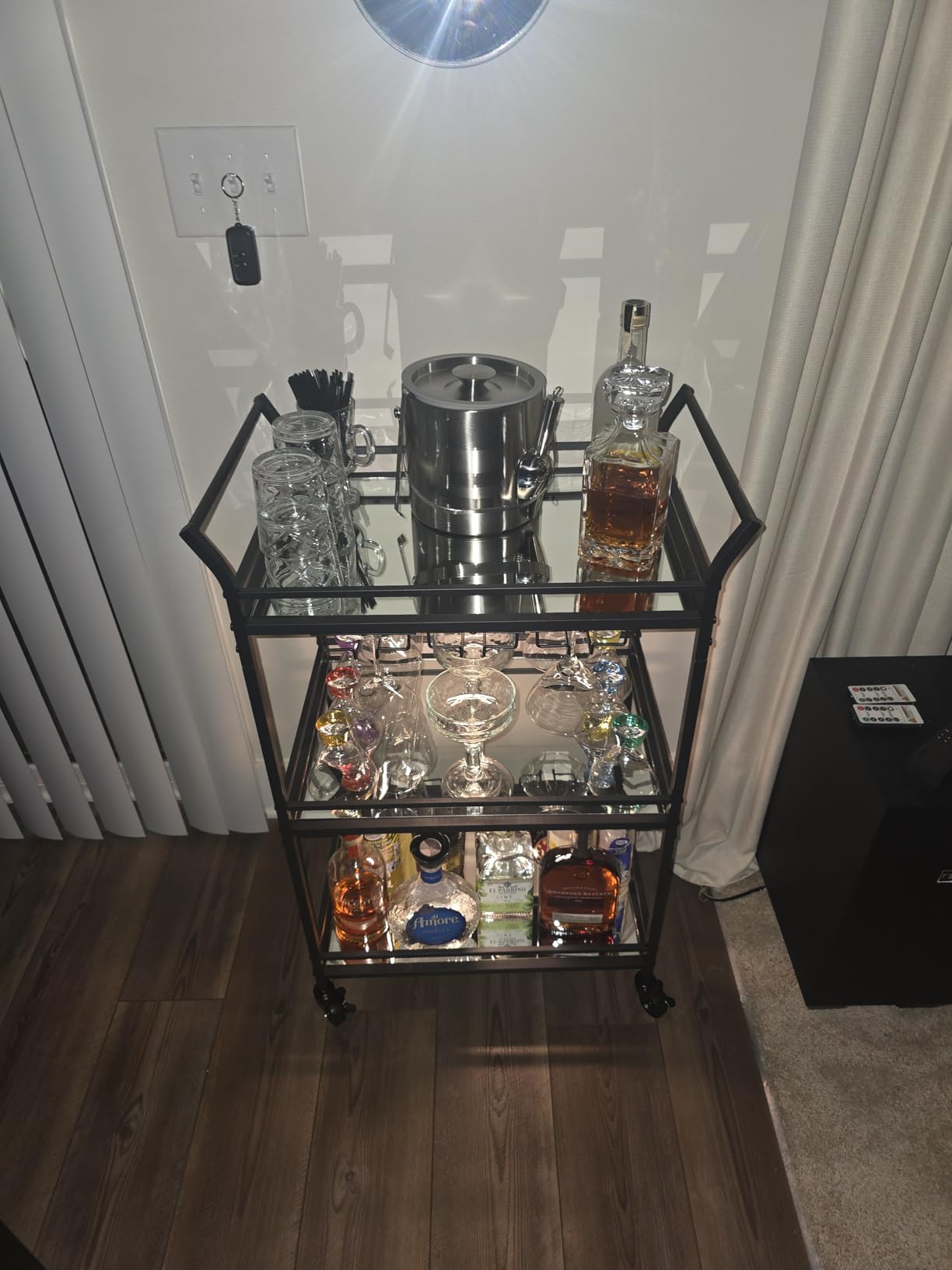 VASAGLE Bar Cart, Home Bar Serving Cart, Small Bar Serving Cart with 3-Tier Shelf, Wine Holders, Glass Holders, Mini Bar Cart for Small Spaces, Kitchen, Dining Room, Living Room, Pale Gold customer photo 2