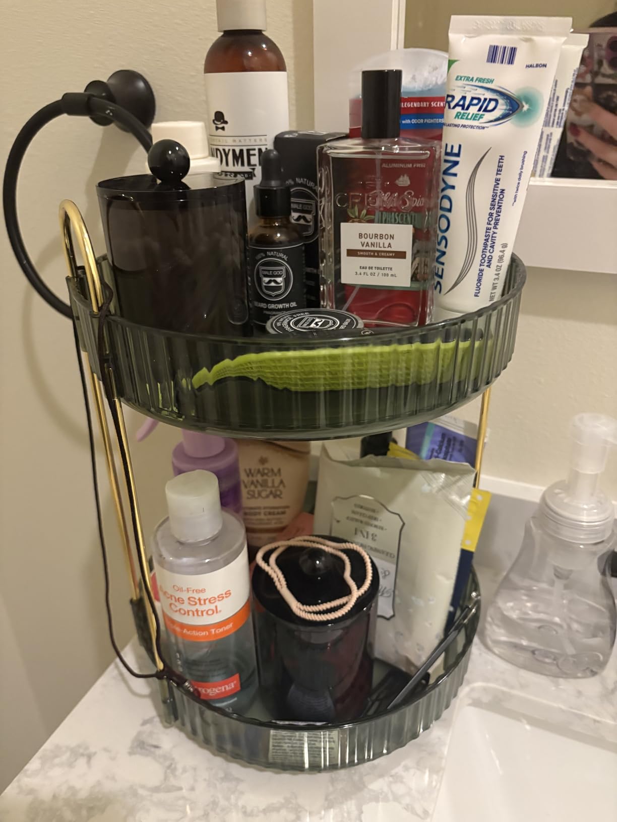 360 Rotating Makeup Organizer for Vanity,2 Tier Large Capacity Skincare Organizers,Bathroom Counter Organizer, Spinning Perfume Organizer & Vanity Organizer (Green-2 Tier) customer photo 1