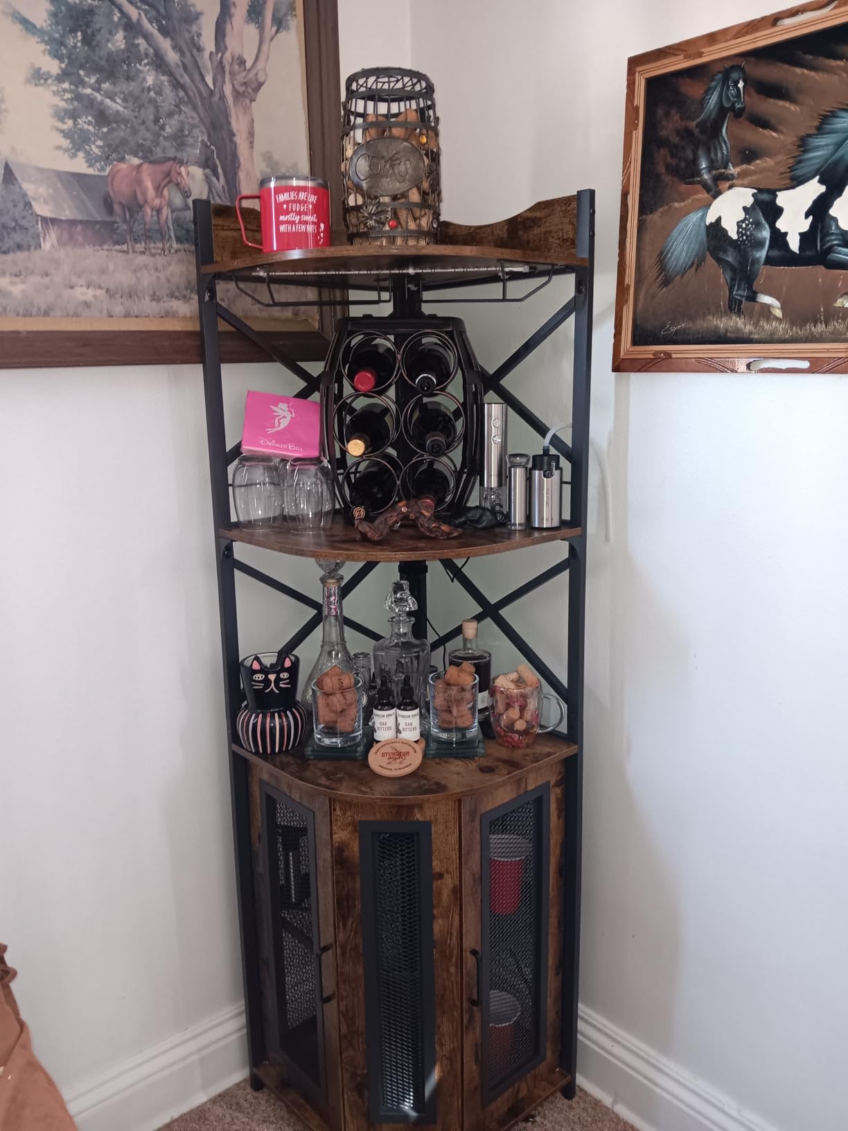 Aheaplus Corner Bar Cabinet with Power Outlet, Industrial Wine Cabinet with LED Strip and Glass Holder, 5-Tiers Liquor Cabinets Bar Unit for Home, Corner Display Cabinets for Small Space, Black customer photo 1
