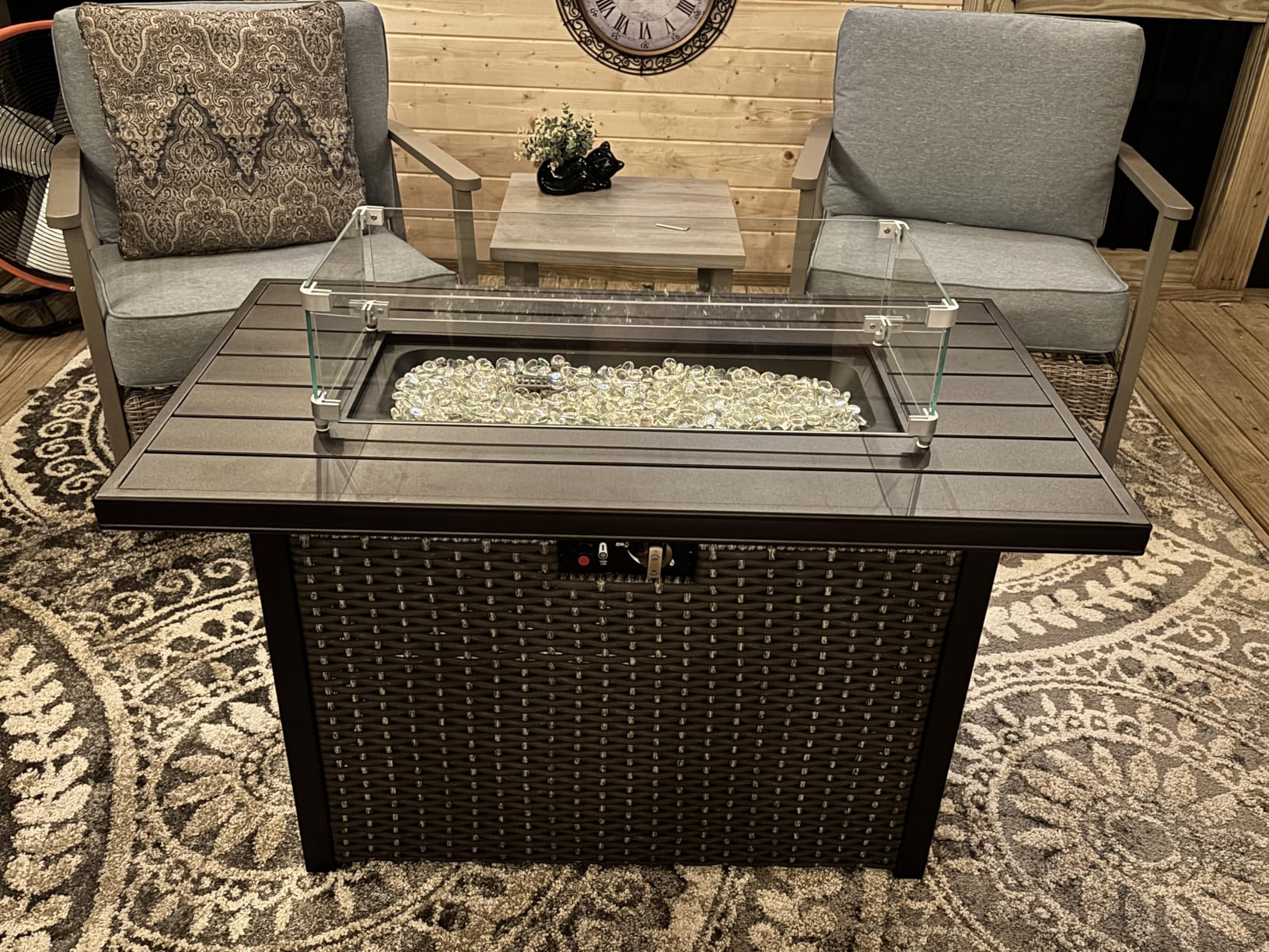 Nuu Garden Outdoor 43 Inch 50,000 BTU Propane Gas Fire Pit Table, Aluminum Tabletop and PE Rattan Weaved Steel Frame, Water-Proof Oxford Cover, Glass Fire Pit Wind Guard, Glass Beads, Lid, Dark Brown customer photo 2