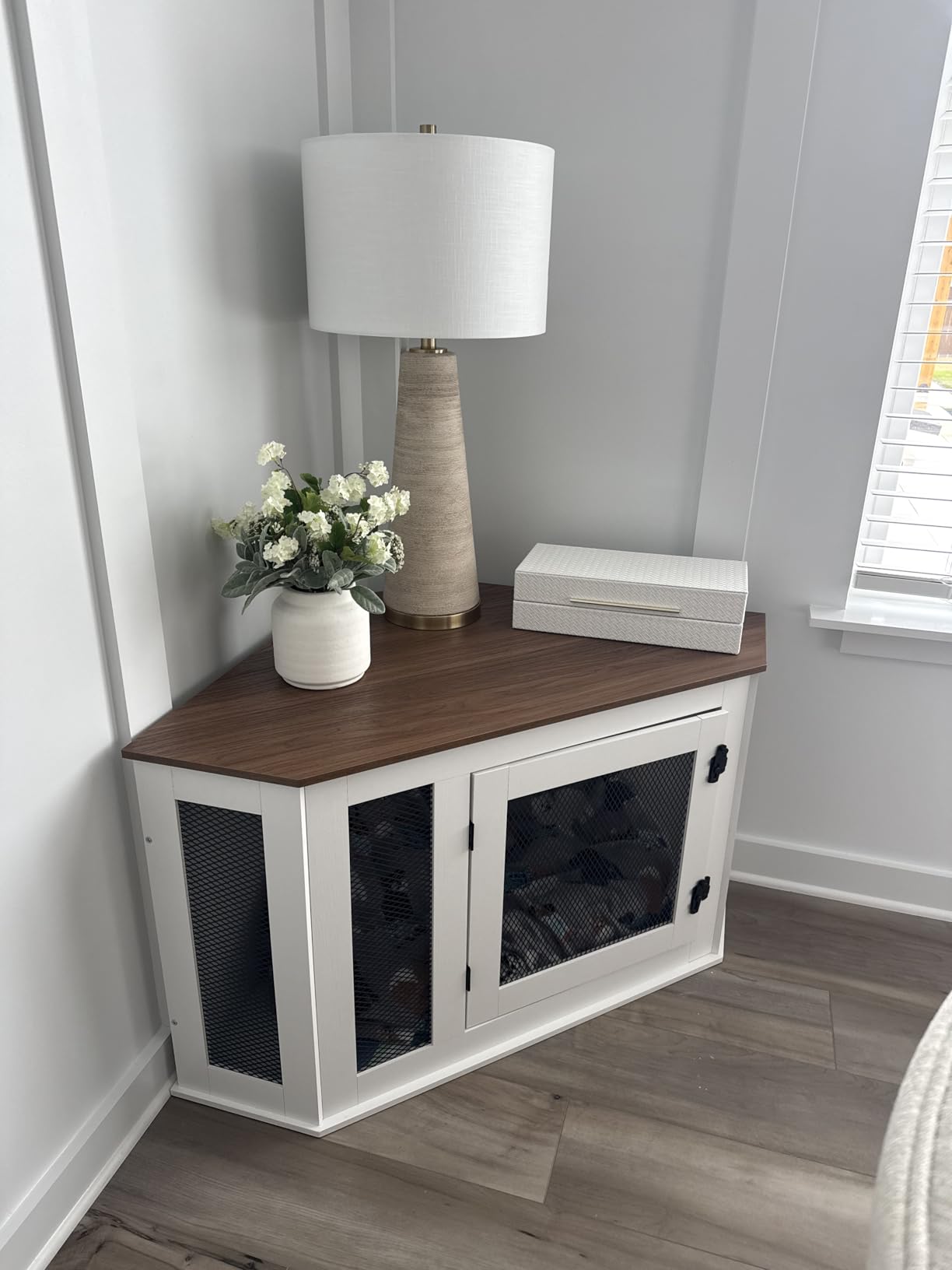 Corner Dog Crate Furniture, Wooden Dog Kennel End Table, Decorative Pet Crate Indoor Use, Furniture Style Dog House for Small Medium Dog, Dog Cage TV Stand, Greige and Black DCHG0801 customer photo 1