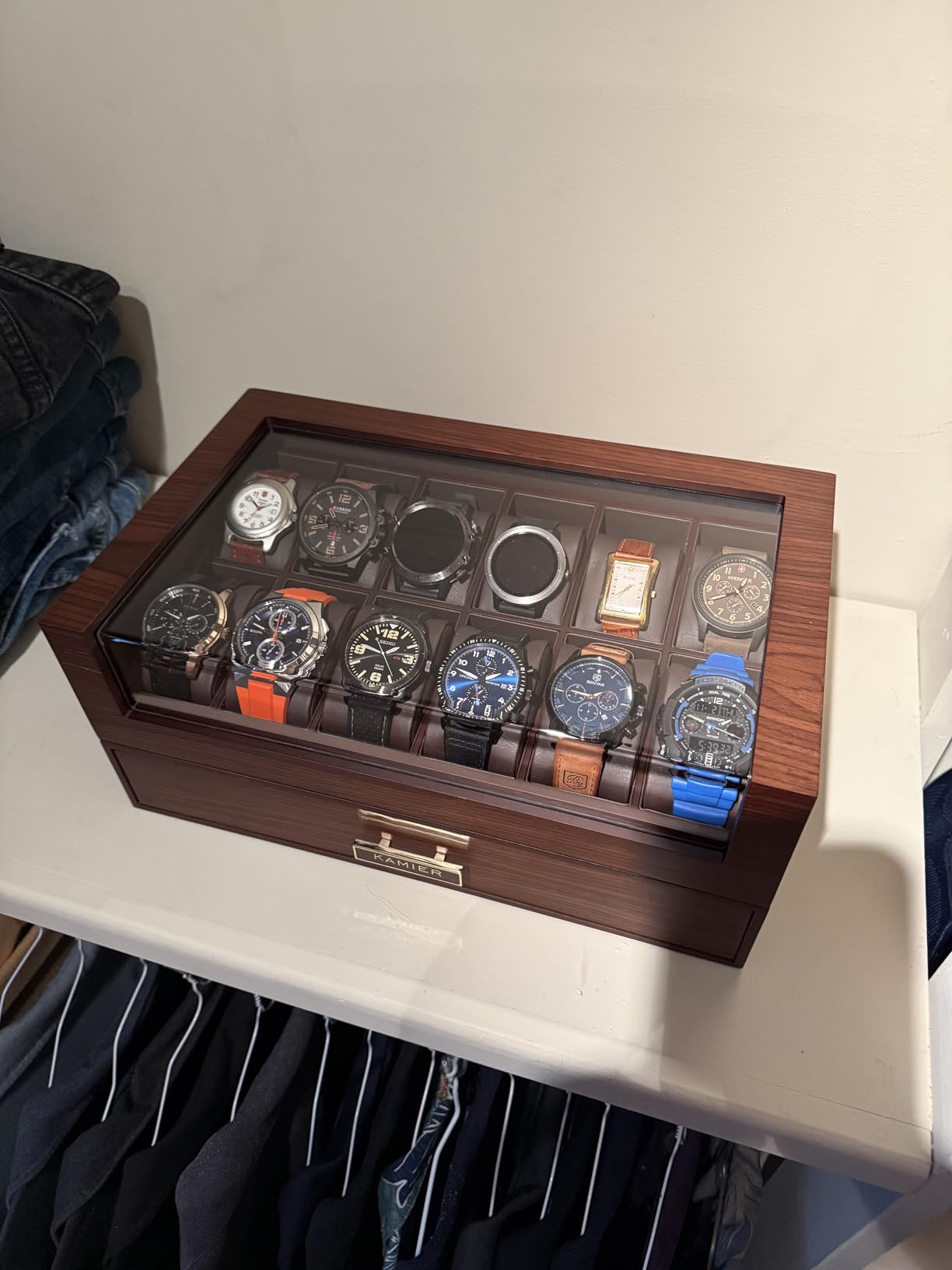 High End Watch Box for Men, 12 Slot Wooden Watch Case With Drawer, Watch Display Box with Glass Lid, 2-Layer Watch Holder for Jewelry and Watch Storage for Men Women , Ideal for Gift (With Gift Box) customer photo 1