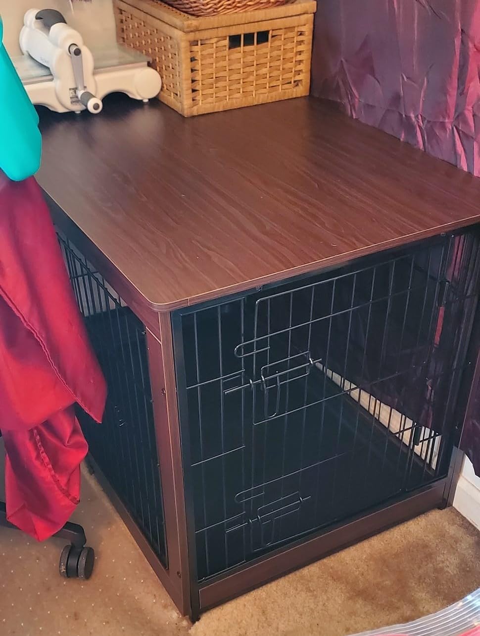 Piskyet Wooden Dog Crate Furniture with Divider Panel, Dog Crate End Table with Fixable Slide Tray, Double Doors Dog Kennel Indoor for Dogs(M:31.8